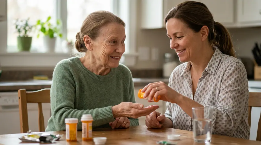 An adult daughter helping her elderly mother manage prescription medication at a kitchen table at home, showing how family members can get paid as caregivers through Medicaid