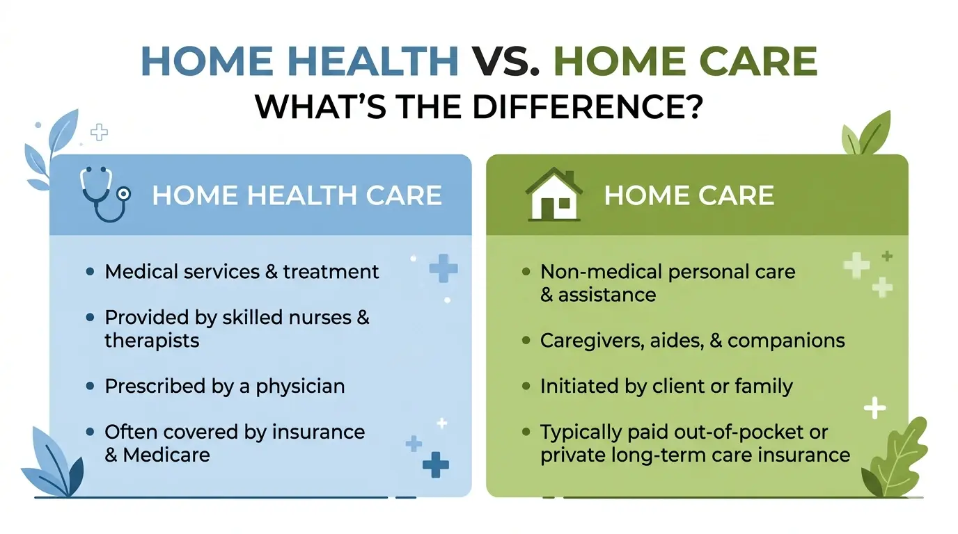 Infographic comparing home health care and home care side by side — home health care includes skilled nursing and physician-prescribed medical services, while home care covers non-medical personal care and daily living assistance