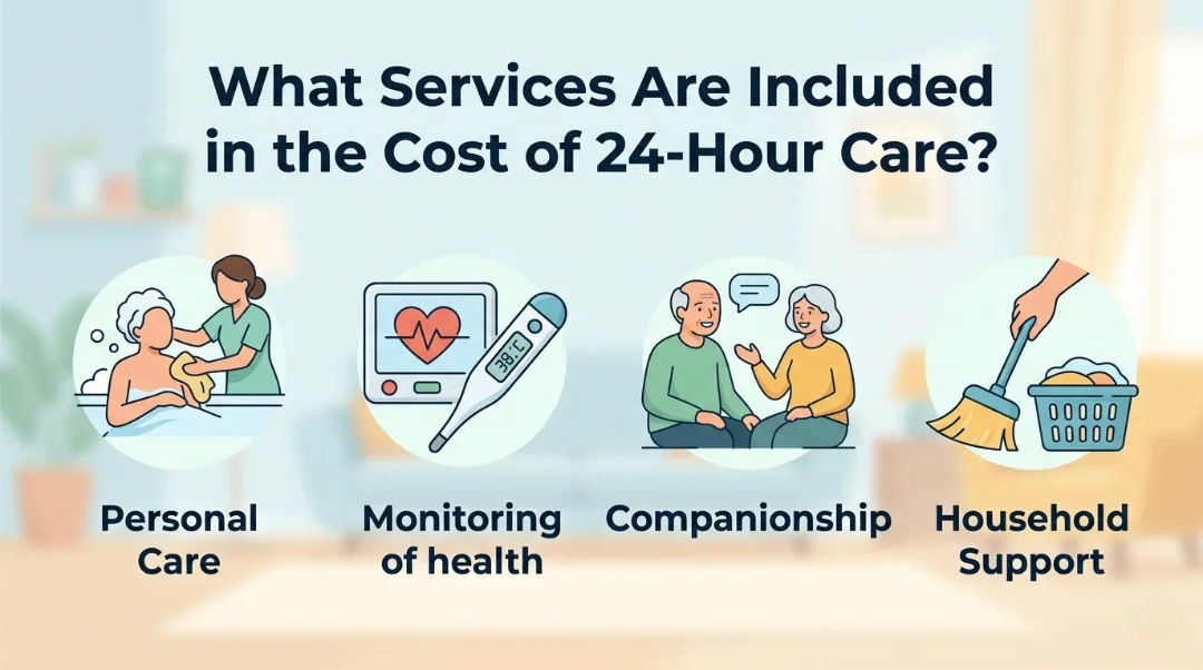 Infographic showing four services included in 24-hour in-home care cost: personal care, health monitoring, companionship, and household support for seniors.