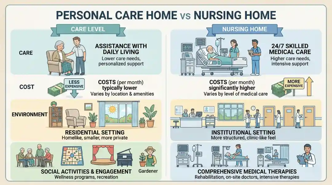 What Is a Personal Care Home vs Nursing Home comparison infographic showing care level, cost, environment, activities of daily living (ADLs), and medical support differences