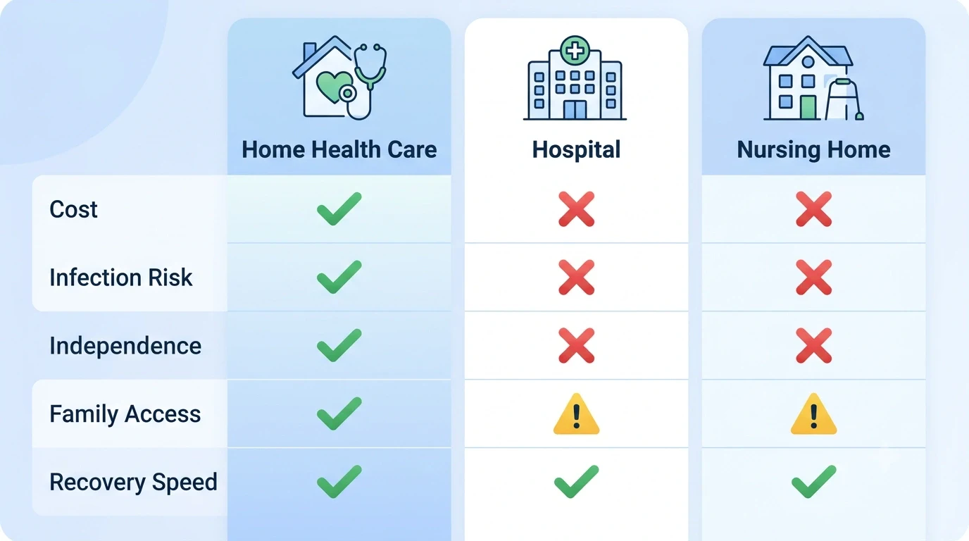 Comparison infographic showing home health care vs hospital vs nursing home across cost, infection risk, independence, family access, and recovery speed
