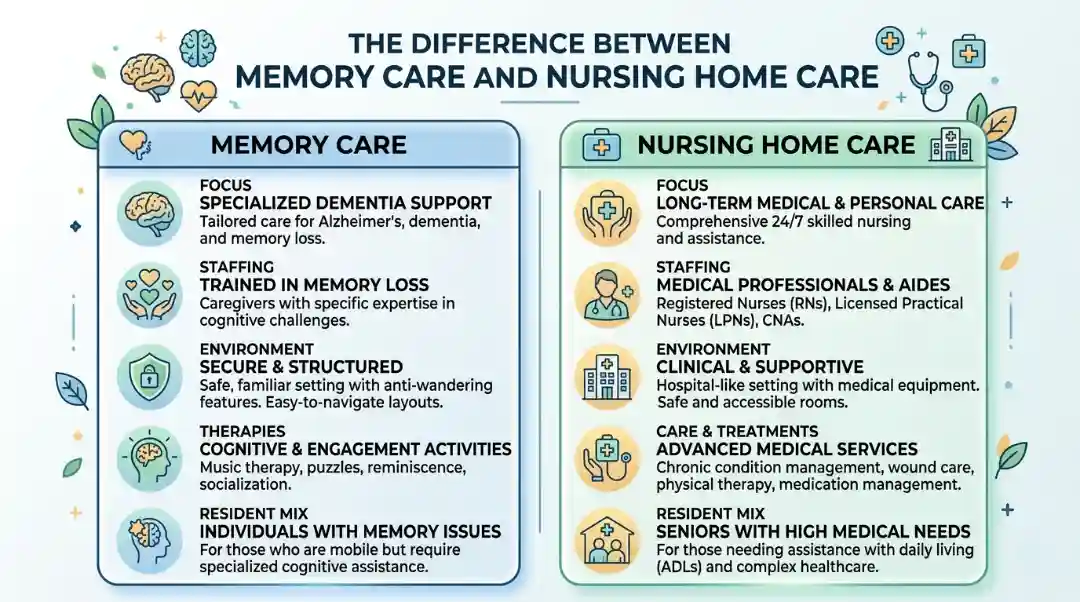Memory care vs nursing home care comparison chart showing dementia support, skilled nursing, Alzheimer’s care, long-term care services, staffing differences, and environment features
