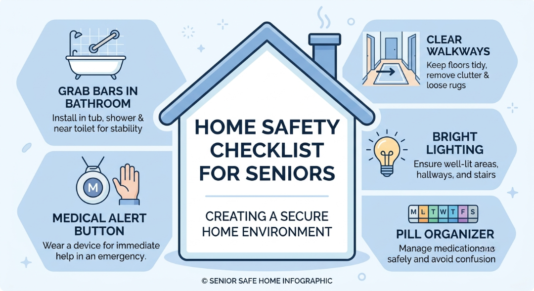 Home safety checklist infographic showing grab bars in bathroom, clear walkways, bright lighting, medical alert button, and pill organizer for senior home care