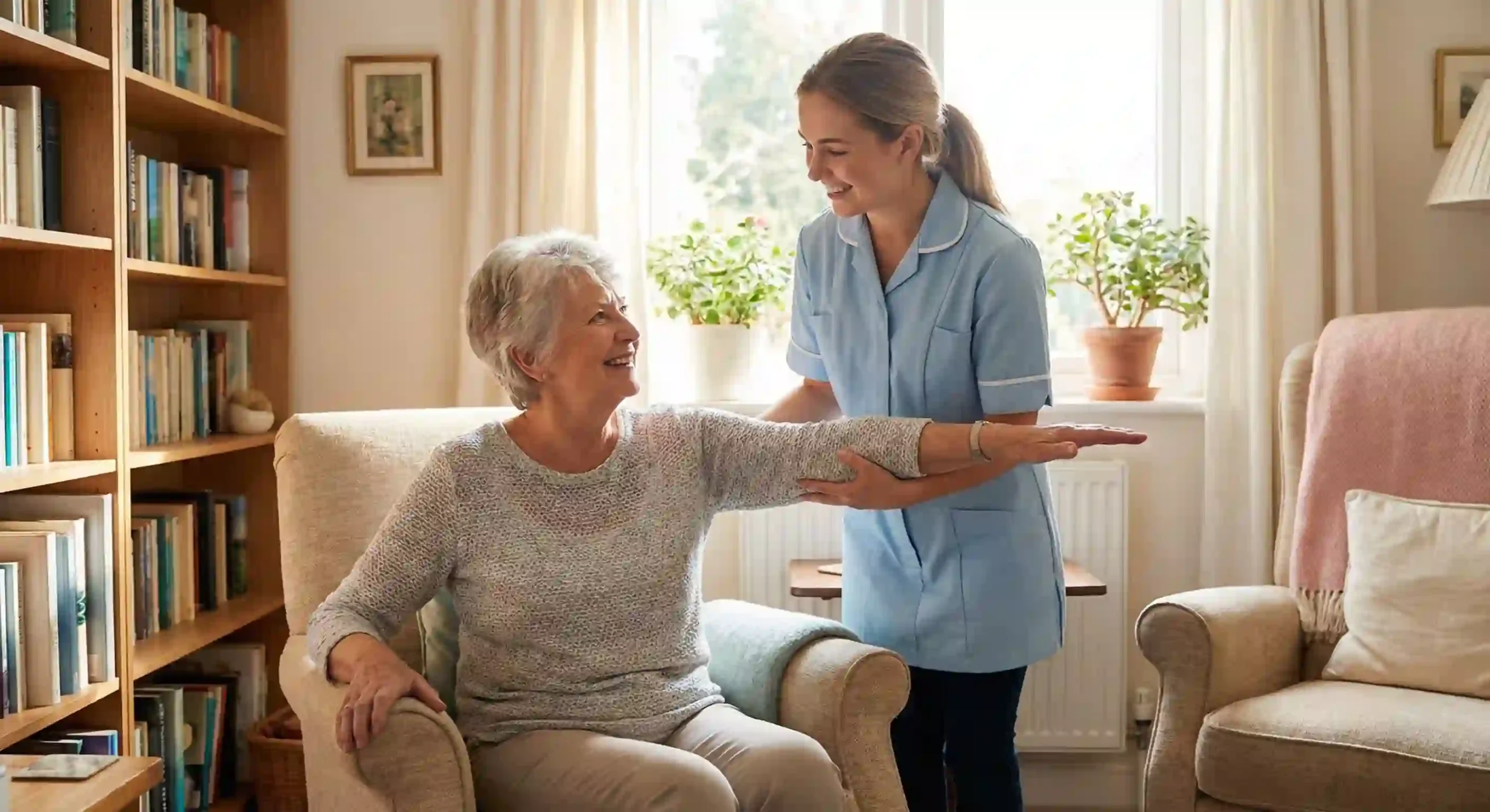 A smiling elderly woman doing a light arm exercise with a compassionate professional caregiver in her home living room