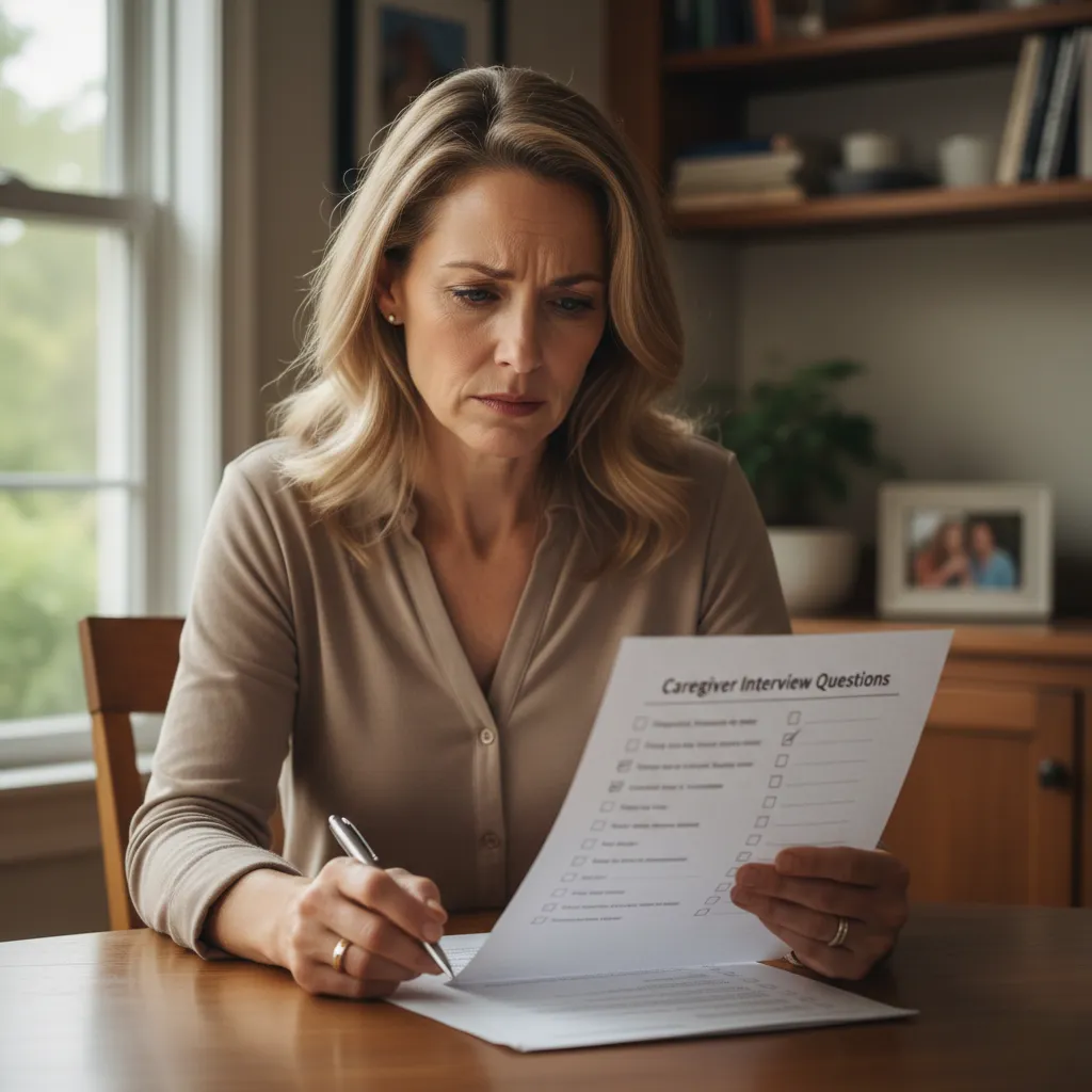 A concerned woman reviewing caregiver interview questions checklist at home to identify red flags in a bad caregiver