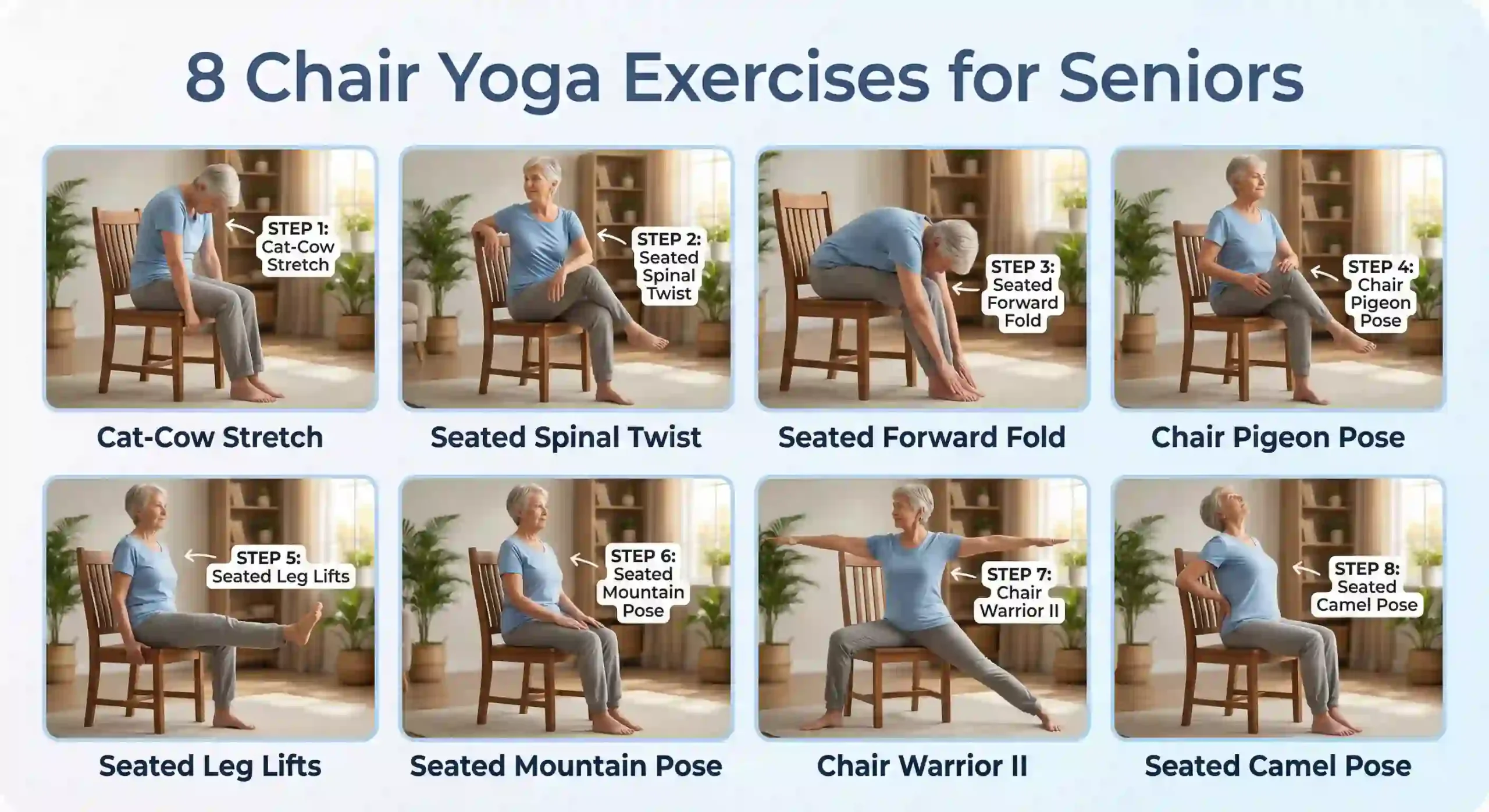 8 chair yoga exercises for seniors including cat-cow stretch, seated spinal twist, forward fold, pigeon pose, leg lifts, mountain pose, warrior II, and camel pose