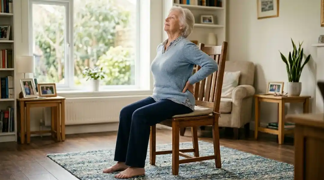 Senior woman performing seated camel pose on a wooden chair with hands placed on lower back and chest gently lifted upward in a bright home living room