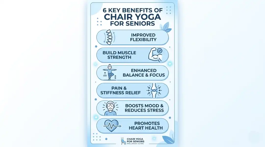 6 key benefits of chair yoga for seniors including improved flexibility, muscle strength, balance, pain relief, mood boost, and heart health