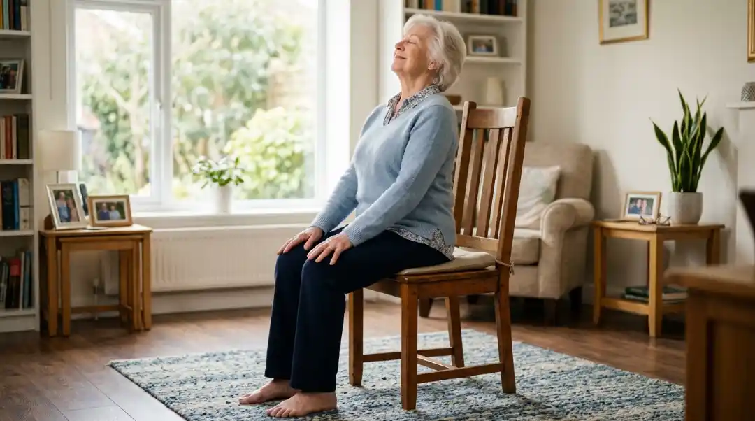 Senior woman performing chair cat-cow stretch sitting on a wooden chair with head tilted back and eyes closed in a bright home living room