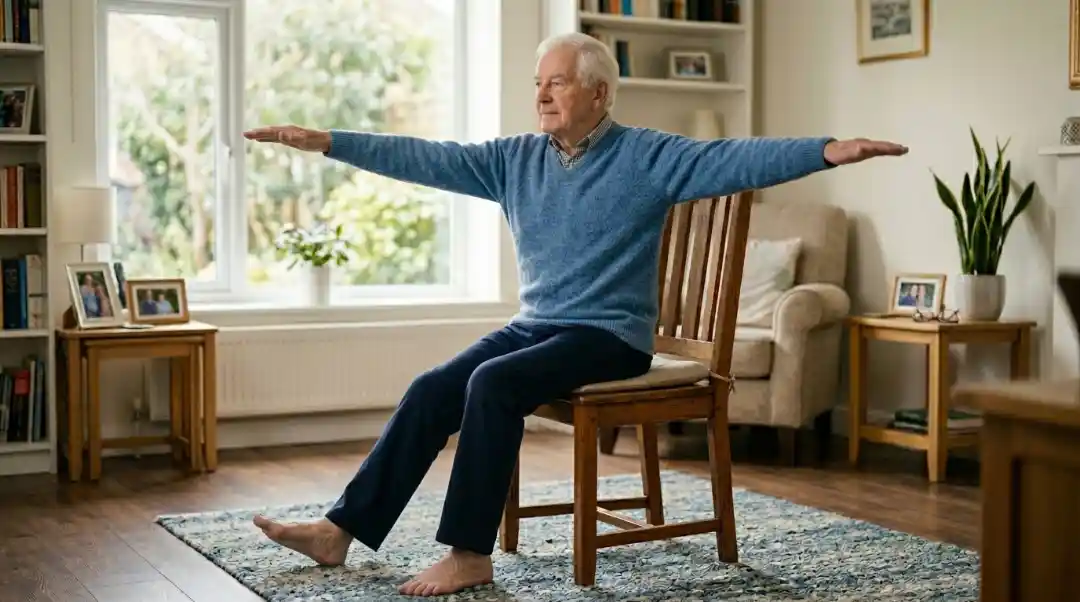 Senior man performing chair warrior II pose sitting on a wooden chair with both arms stretched wide at shoulder height and right leg extended in a bright home living room