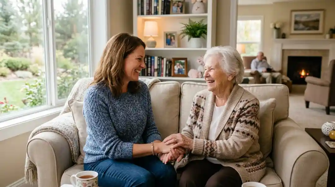 Family caregiver laughing and holding hands with elderly mother while discussing senior care options at home