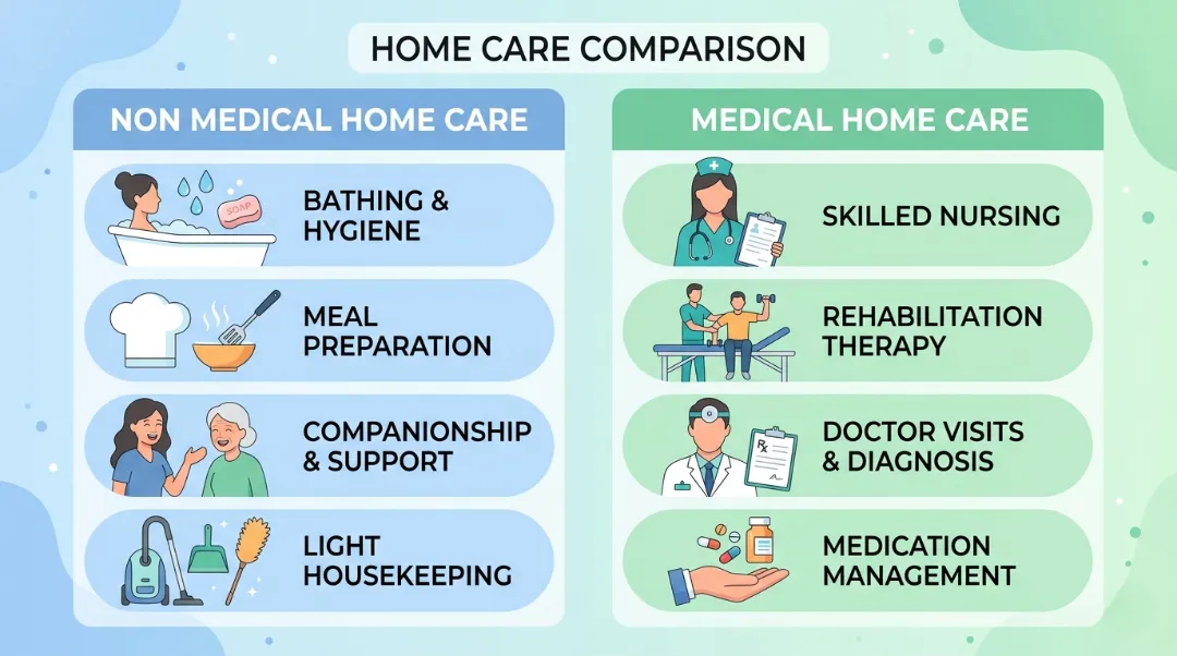 Infographic comparing non medical home care services like bathing, meal preparation, and light housekeeping versus medical home care services like skilled nursing and medication management