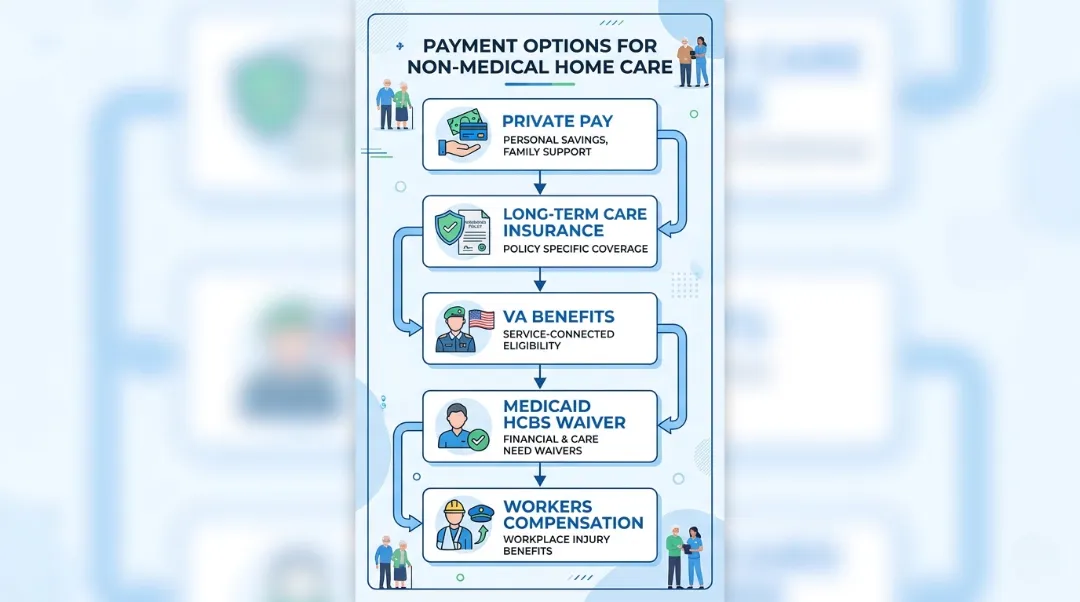 Infographic showing five payment options for non medical home care including private pay, long-term care insurance, VA benefits, Medicaid HCBS waiver, and workers compensation