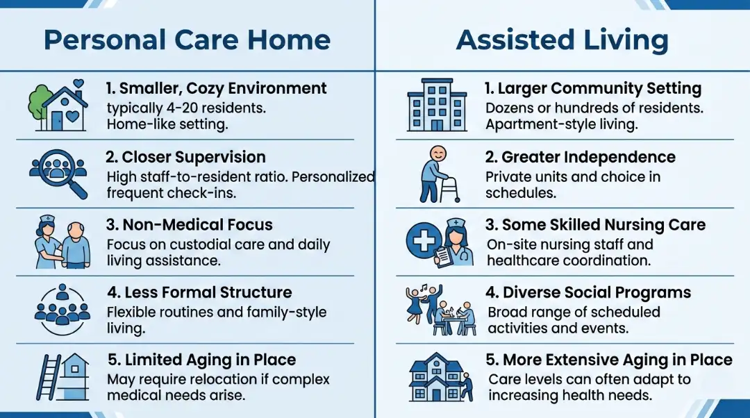 Infographic showing key differences between personal care home and assisted living including supervision, nursing care, and aging in place