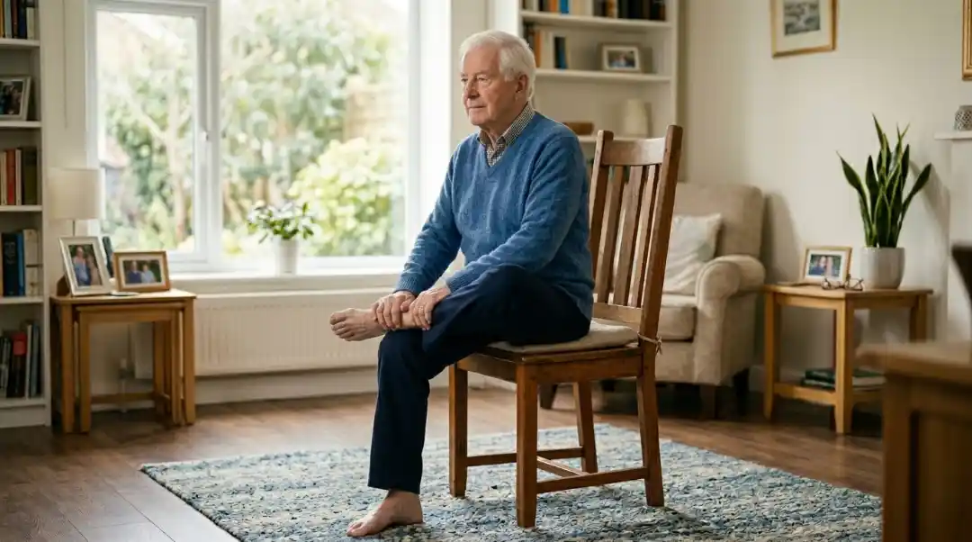 Senior man performing seated chair pigeon pose on a wooden chair with right ankle crossed over left knee and hands resting on ankle in a bright home living room