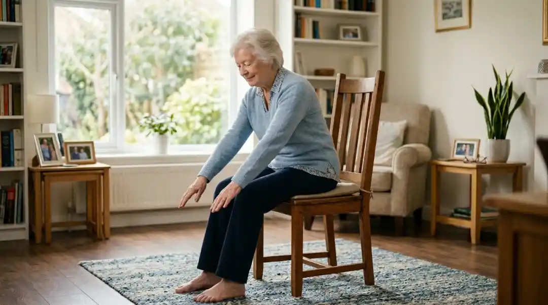 Senior woman performing seated forward fold on a wooden chair leaning forward with hands reaching toward knees in a bright home living room