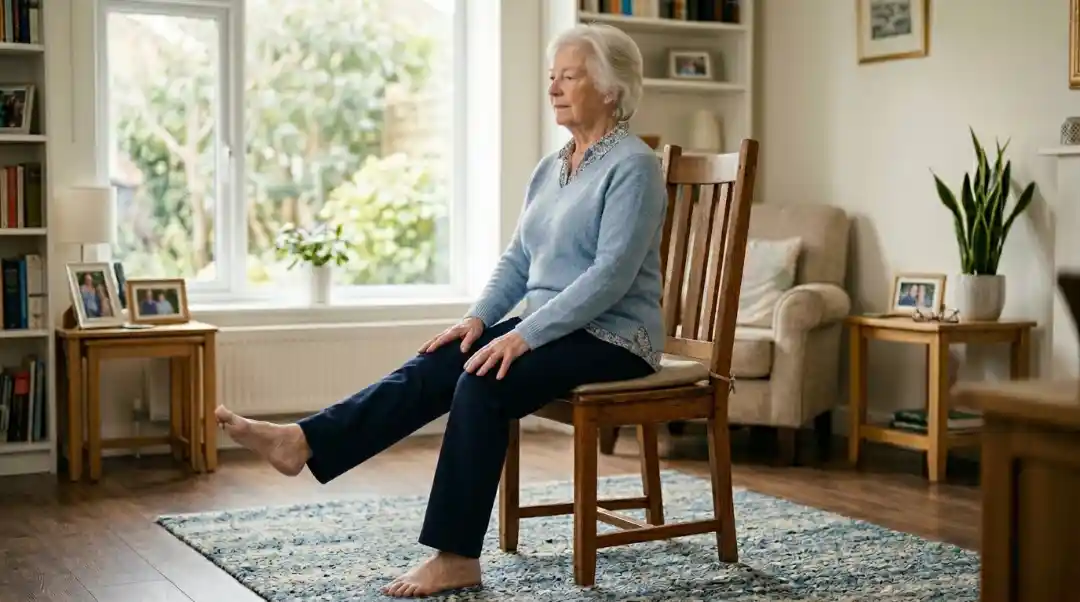 Senior woman performing seated leg lifts on a wooden chair with right leg extended straight out and lifted off the floor in a bright home living room