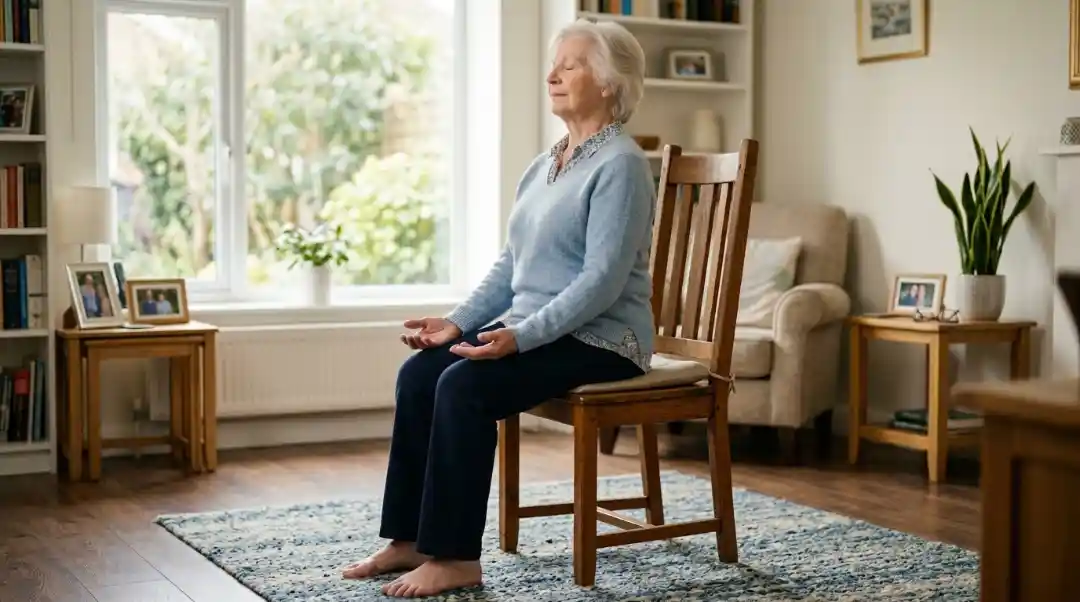Senior woman performing seated mountain pose with deep breathing on a wooden chair with eyes closed and palms facing up on thighs in a bright home living room