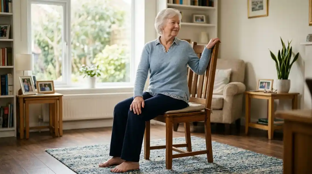 Senior woman performing seated spinal twist on a wooden chair with right hand on chair back and torso rotated in a bright home living room