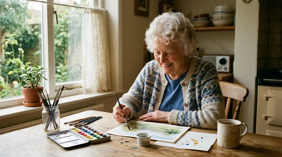 Senior woman smiling while painting watercolors at home kitchen table — arts and crafts indoor activities for elderly people
