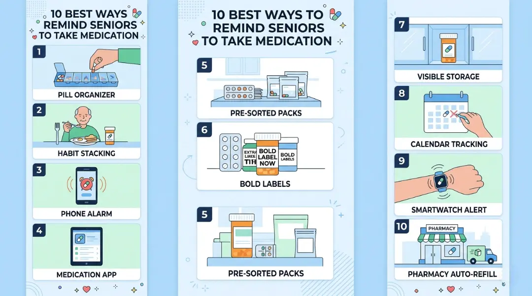 Infographic showing 10 best ways to remind seniors to take medication including pill organizer, habit stacking, phone alarm, medication app, pre-sorted packs, bold labels, visible storage, calendar tracking, smartwatch alert, and pharmacy auto-refill