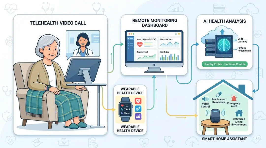 how future healthcare technology is elevating at home care infographic showing telehealth video call, remote patient monitoring dashboard, wearable health device, AI health analysis, and smart home assistant