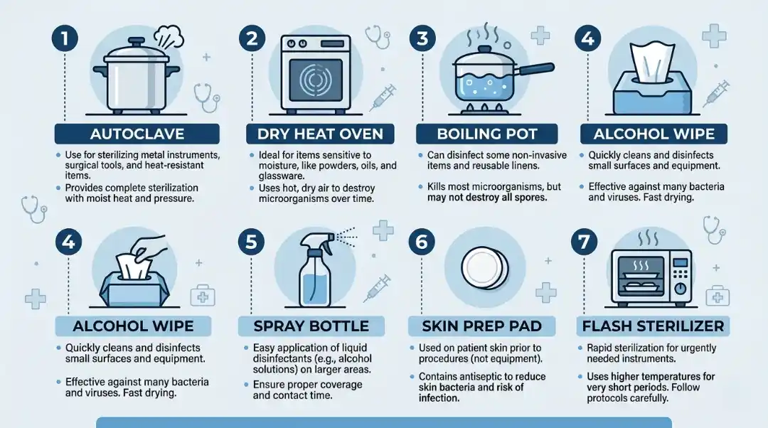 why are heat and alcohol used to disinfect medical equipment infographic showing autoclave, dry heat oven, boiling pot, alcohol wipes, spray bottle, skin prep pad, and flash sterilizer