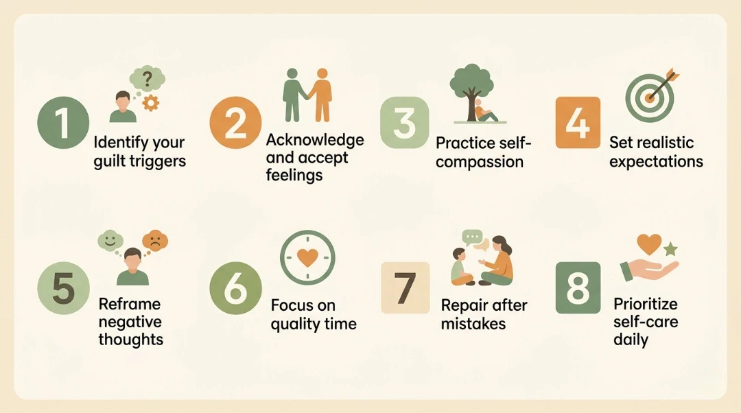 nfographic showing 8 practical strategies to deal with parental guilt including identifying guilt triggers, self-compassion, reframing negative thoughts, and prioritizing self-care for overwhelmed parents