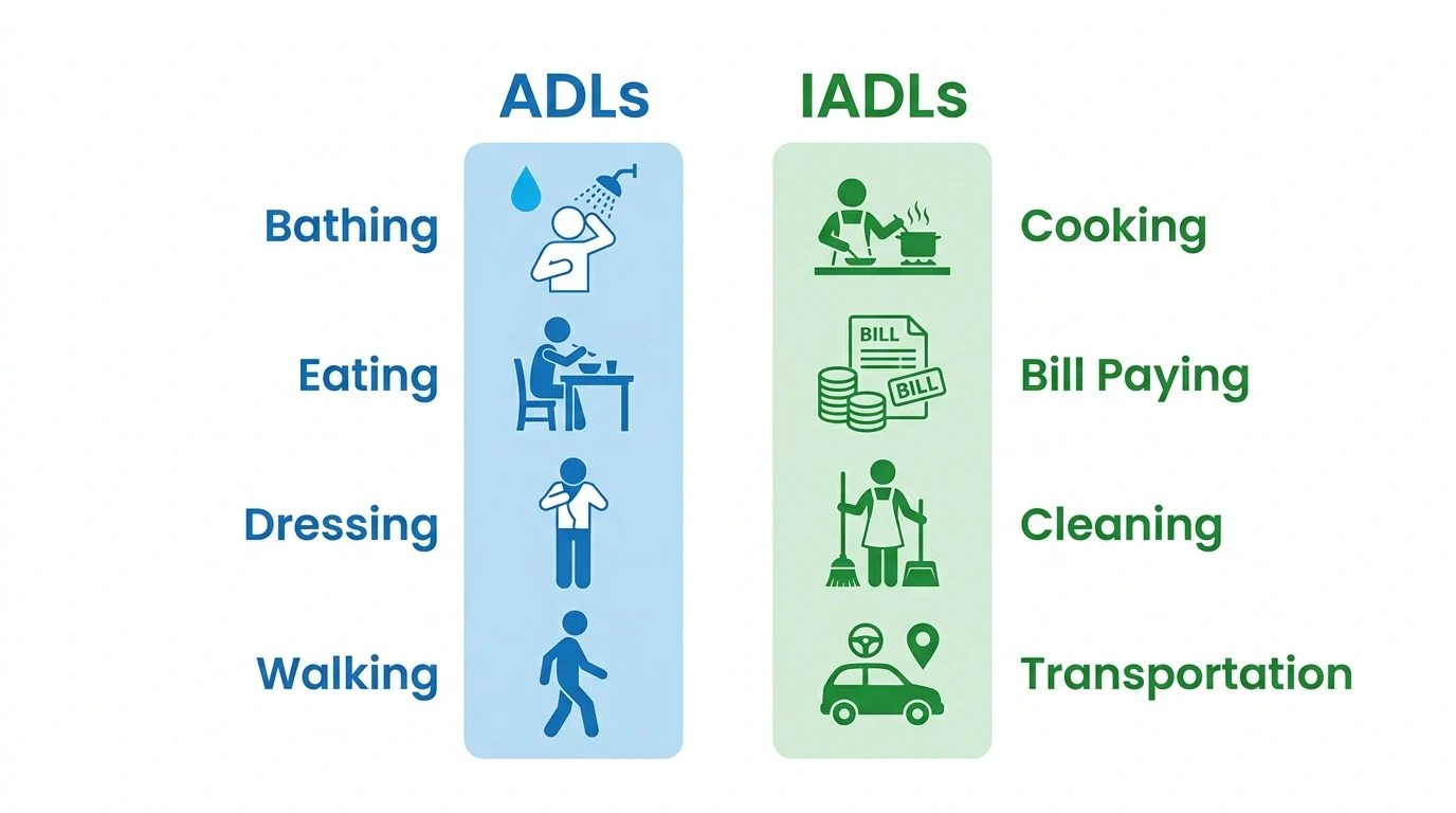 Infographic comparing ADLs vs IADLs side by side, showing basic activities like bathing, eating, dressing, and walking against instrumental activities like cooking, bill paying, cleaning, and transportation.