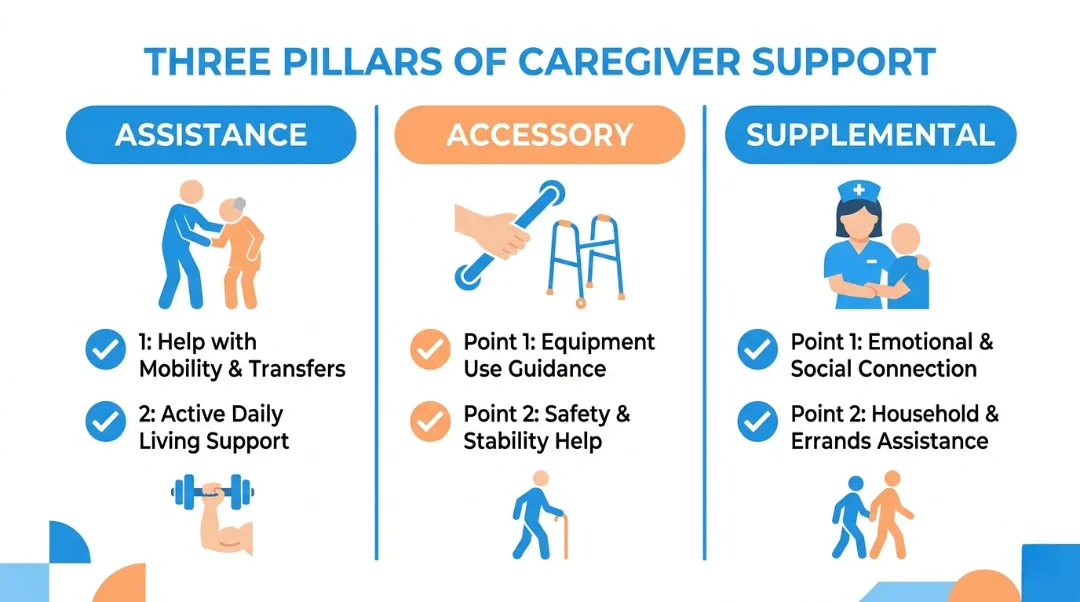 Assistance vs accessory vs supplemental exercise infographic showing three pillars of caregiver support with mobility, equipment, and emotional care
