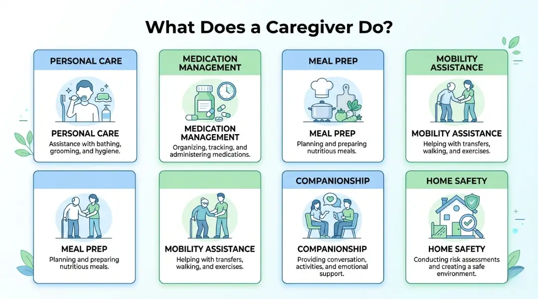 Infographic showing core duties and responsibilities of a caregiver including personal care, medication management, meal prep, mobility assistance, companionship, and home safety