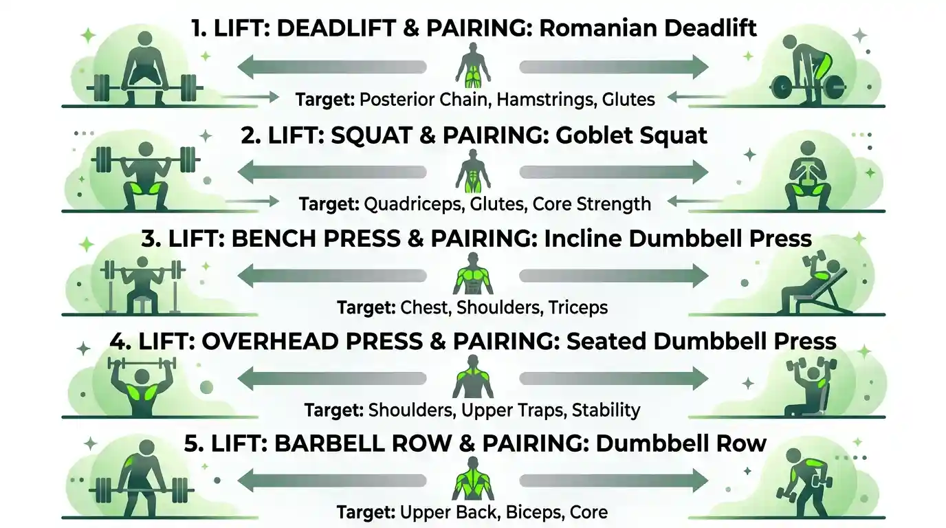 Examples of assistance exercises infographic showing 5 main lifts paired with accessory movements and target muscles