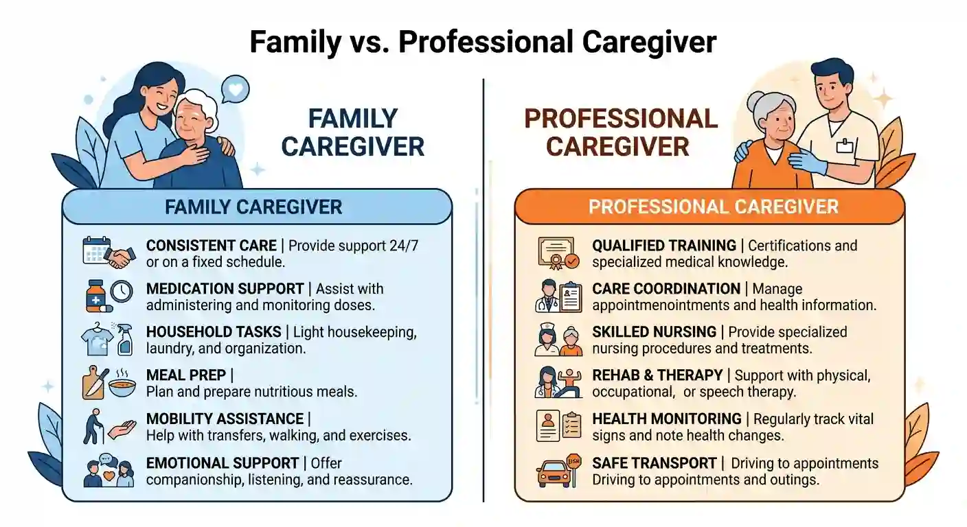 Infographic comparing family vs professional caregiver duties including medication support, meal prep, mobility assistance, skilled nursing, health monitoring, and care coordination for elderly patients