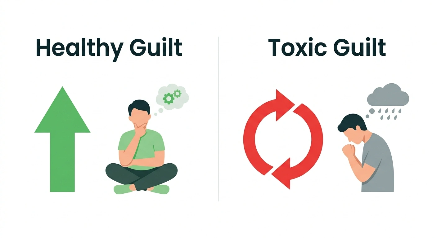 Visual comparison of healthy guilt showing upward growth and self-reflection versus toxic guilt showing a negative cycle and emotional burnout in parenting — understanding the difference helps parents manage parental guilt more effectively