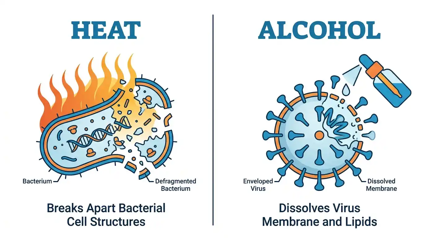 why are heat and alcohol used to disinfect medical equipment infographic showing heat breaking bacterial cell structures and alcohol dissolving virus membrane and lipids