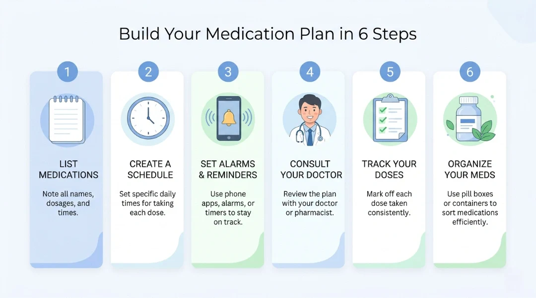 6-step infographic showing how to build a medication management plan — list medications, create a schedule, set reminders, consult your doctor, track doses, and organize meds