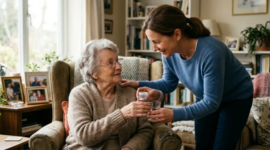 A caring daughter handing a pill cup and glass of water to an elderly woman with dementia sitting in an armchair at home, showing hands-on caregiver medication support in a warm living room setting