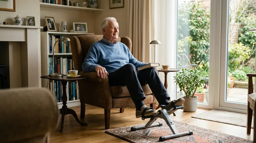 Elderly man sitting comfortably in an armchair using a pedal exerciser at home — low-impact seated exercise equipment for seniors with limited mobility