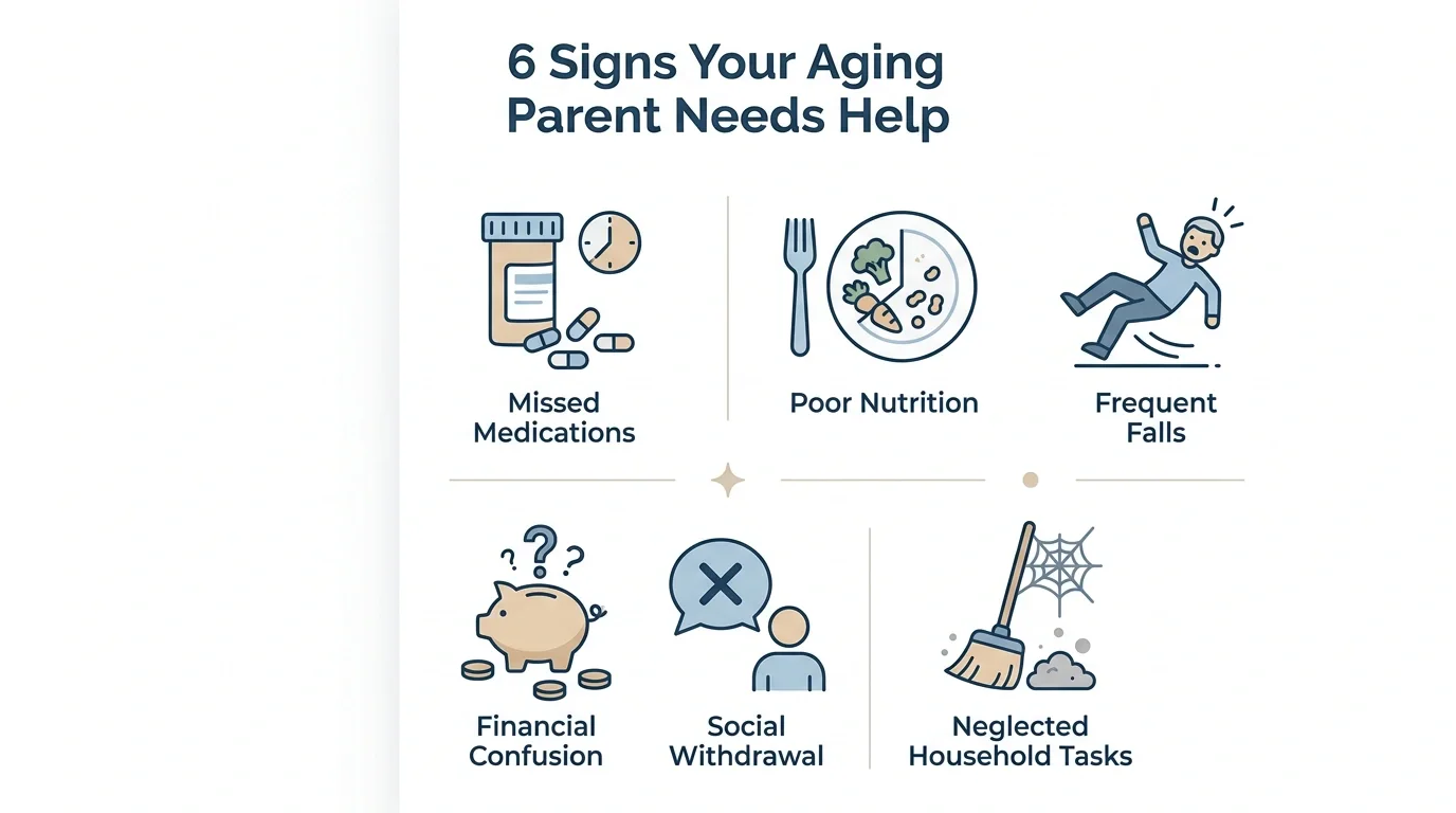 Infographic showing 6 signs your aging parent needs help missed medications, poor nutrition, frequent falls, financial confusion, social withdrawal, and neglected household tasks