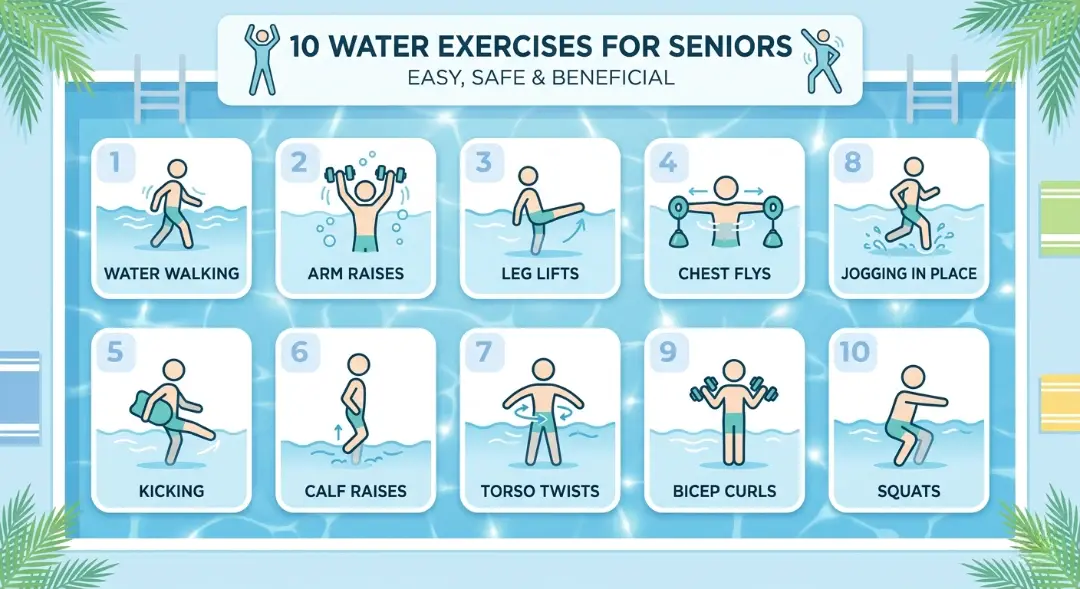 Infographic showing top 10 water exercises for seniors including water walking, leg lifts, bicep curls, calf raises, and chest flys in a pool