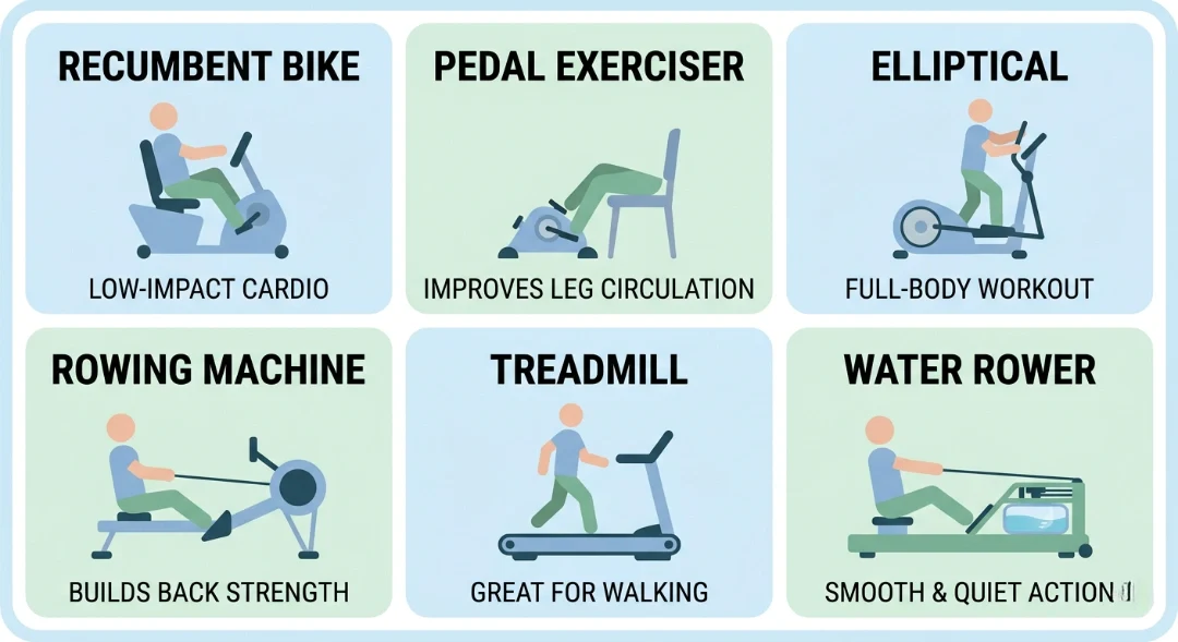 
Infographic showing top 6 low-impact exercise machines for seniors — recumbent bike, pedal exerciser, elliptical, rowing machine, treadmill, and water rower