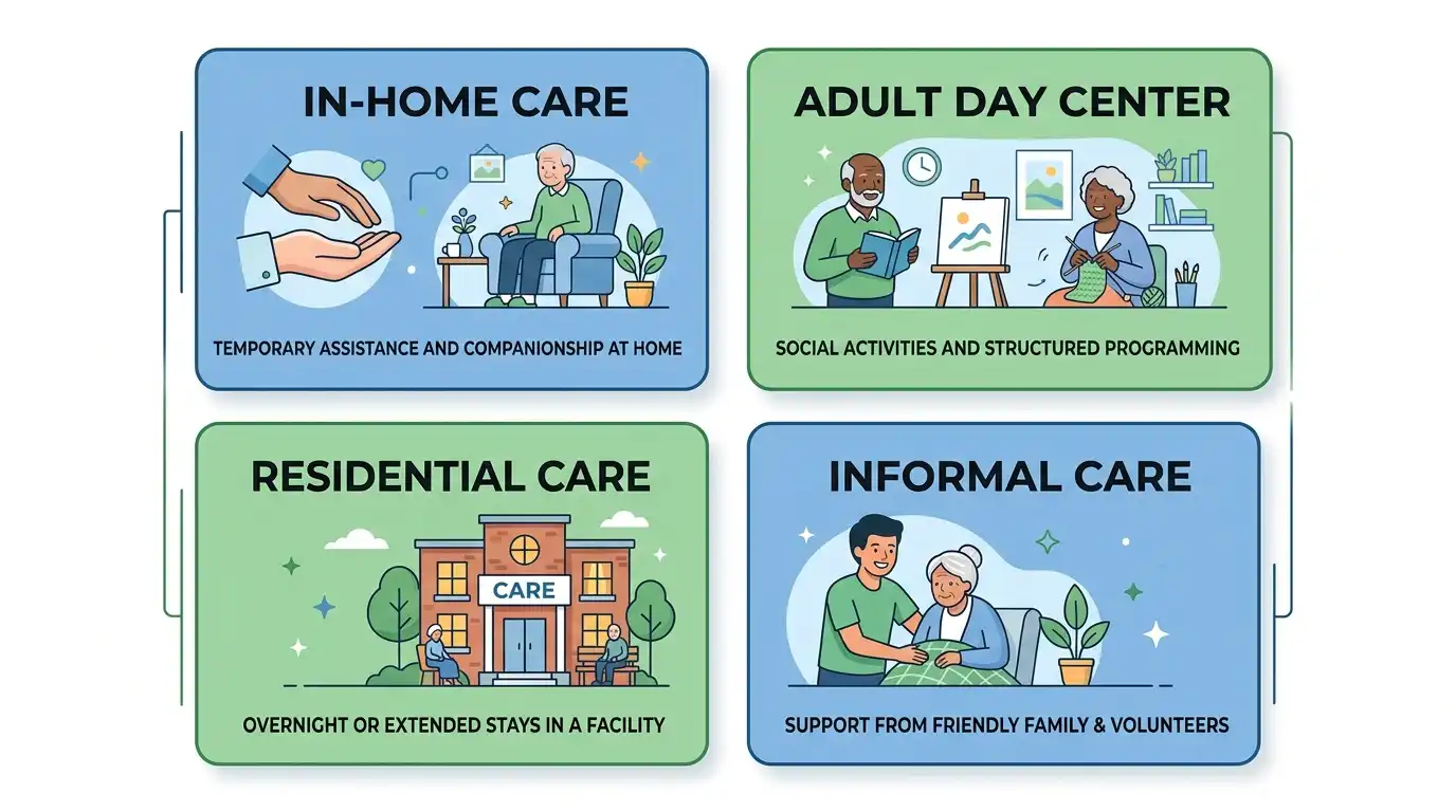 An infographic showing four types of respite care services: in-home care, adult day center, residential care, and informal care with brief descriptions for family caregivers.