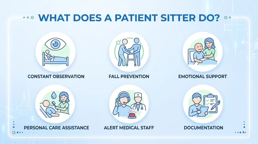 What does a patient sitter do infographic showing 6 core patient sitter duties including constant observation, fall prevention, emotional support, personal care assistance, alert medical staff, and documentation 