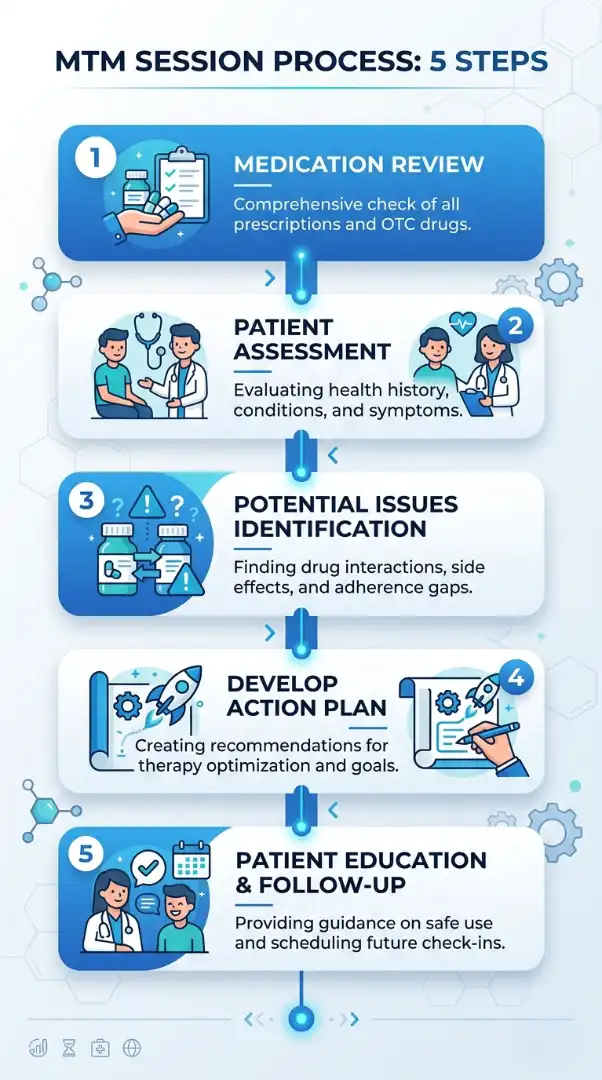 Infographic showing 5 steps of a medication therapy management MTM session including medication review patient assessment drug interaction identification action plan and patient education follow-up