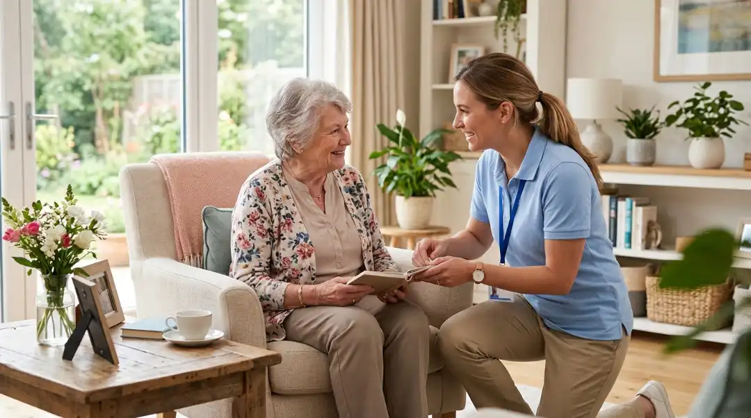 Alt Text:A memory care caregiver kneeling beside an elderly woman in a bright living room, showing the specialized one-on-one support that sets memory care apart from assisted living.