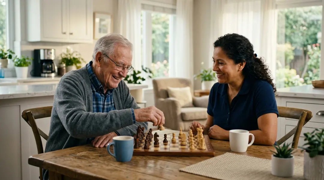 What is companionship care: senior and caregiver playing chess together at home