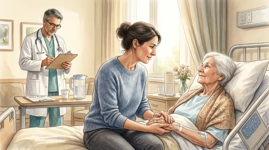 A daughter holding her elderly mother's hand in a hospital bed while a doctor reviews the palliative care plan in the background