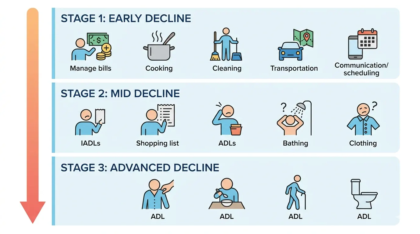 Three-stage infographic showing ADL and IADL decline progression  Stage 1 early decline affects IADLs like cooking and managing bills, Stage 2 mid decline impacts bathing and dressing, Stage 3 advanced decline affects all basic ADLs.