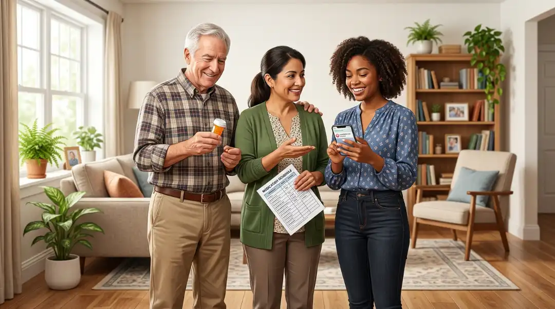Senior man, caregiver, and young adult reviewing a medication schedule and prescription bottle at home — who is a good candidate for medication management