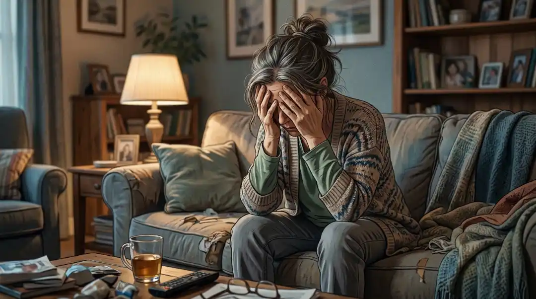 Exhausted family caregiver sitting alone on a couch with head in hands showing signs of caregiver burnout and emotional stress